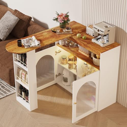 Msutree Ausziehbarer Bartisch 138–193 cm mit Stauraum, Drehbarer Stehtisch & Esstisch, Bistrotisch für Esszimmer und Küche, mit LED Beleuchtung, Weiß