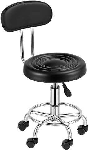 Adjustable Rolling Swivel Stool 360-Degree Rolling Wheel PU Leather with Back Drafting Swivel Task Chair l with Backrest or Salon Office Therapist Beauty Spa Hairdressing Tattoo Support/Thick Cushion