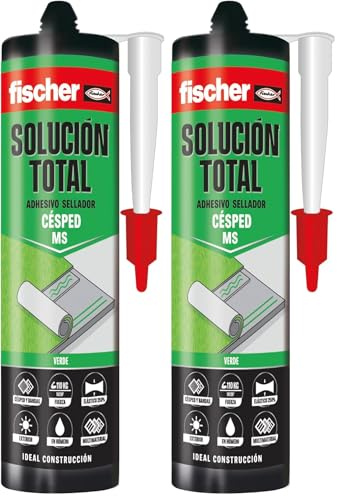 fischer - Solución Total Cesped Artificial Terraza - Pegamento Fuerte para Césped Artificial - Pega y Sella tu Césped Artificial para Exterior (290 ml) Color Verde (Paquete de 2)
