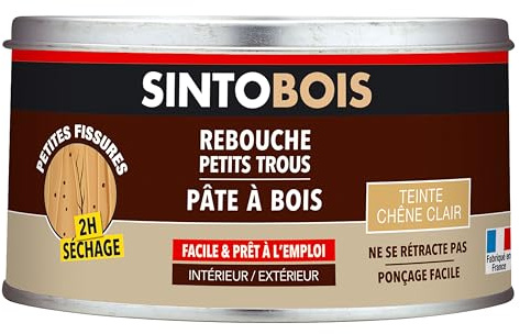 SINTOBOIS - Rebouche Petits Trous - Pâte à Bois - Prêt à l'Emploi - Sec en 2h - Formule Solvantée - Intérieur et Extérieur - Ne se Rétracte pas - Chêne Clair - Technique Professionnelle - 250 g | Rebouche les trous dans le bois, se ponce se perce se visse et se peint, prêt à l'emploi, sec en 2h, intérieur et extérieur