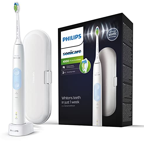 Philips Sonicare ProtectiveClean 4500 elektrische Zahnbürste, Schallzahnbürste mit 2 Putzmodi, Clean und White, Drucksensor, Timer und Reiseetui, Weiß, Modell HX6839/28
