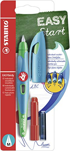 STABILO - Ergonomischer Schulfüller für Rechtshänder mit Standard-Feder M - EASYbirdy in himmelblau/grasgrün - Einzelstift - inkl. Patrone und Einstellwerkzeug- blau (löschbar)