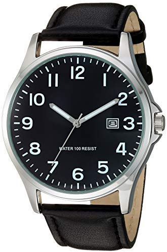 Amazon Essentials Men's Easy to Read 42mm Leather Band Analog Watch