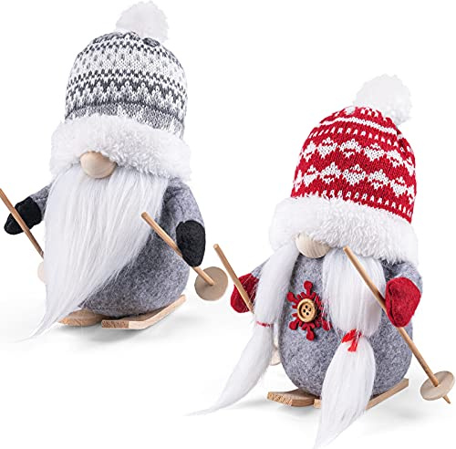 D-FantiX Gnomi a slitta Decorazioni, confezione da 2 Gnomi svedesi fatti a mano Tomte, gnomi scandinavi, peluche di Natale Elfo Bambola con Campana, Corna di Renne