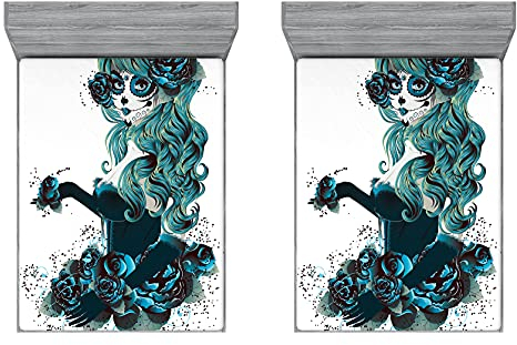 ABAKUHAUS Schädel 2er-Satz Spannbetttuch, Grunge Skull Girl Roses, Soft Dekorativer Stoff Bettwäsche Rund-um Elastischer Gummizug, 150 cm x 190 cm, Petrol Blau Weiß