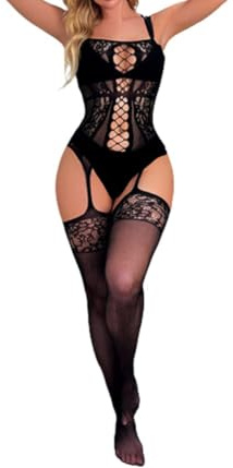 V-Ting Fashion Catsuit Bodystockings ouvert Sexy Frauen Fischnetz Open Crotch Mesh Strumpfhose Dessous Erotic Bodysuit Nachtwäsche Jumpsuit mit Fingerschnalle Damen set