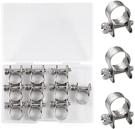 SPEEDWOX 10 Pcs Mini Fuel Injection Hose Clamps 304 Stainless Steel Adjustable Pipe Hose Clip Tube Clamps Set with Storage Box for Diesel Petrol Pipe Automotive Plumbing (10-12mm)