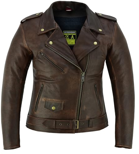 Texpeed Chaqueta de moto de cuero Marlon Brando para mujer - Chaqueta de moto de turismo para mujer con protección CE (EN 1621-1) Marrón - 5XL