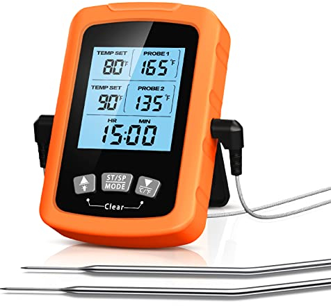 CIRYCASE Termometro Cocina, Termometro Carne Digital de Lectura Rápida & Precisa con Sondas Duales 16.3cm, Retroiluminada & Alarma Temporizador, Termometro Horno Apagado Auto para Parrilla/Horno/BBQ