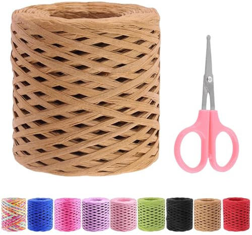 Swpeet Beautifu,1 rollo de cinta de papel de rafia de 218 yardas con tijeras, kit surtido, cuerda de rafia natural, papel de embalaje kraft para regalos, suministros de bricolaje, ramos de decoración