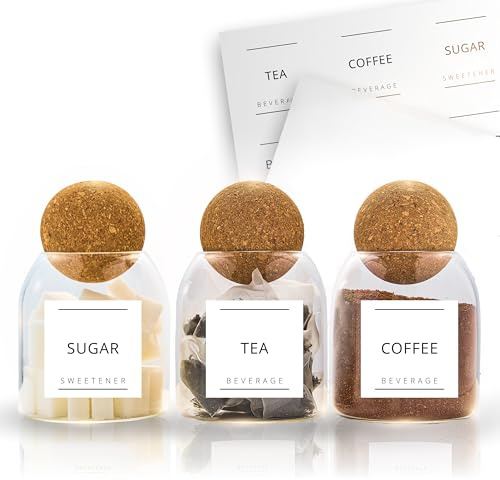 Fix Space Tea Coffee Sugar Canisters – Set of 3 Unique Cork Ball Glass Jars – Stylish Tea and Coffee Jars with Waterproof, Removable Labels – Ideal for Kitchen Organisation (500 ML)