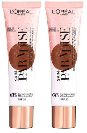 L'Oreal Paris 2 x Skin Paradise getönte Feuchtigkeitscreme mit Wasser, LSF 20, 30 ml, 03 Deep