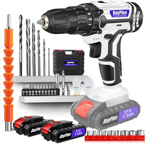 Huini Taladro Bateria 21V, Taladro Atornillador con 2 Baterías 1.5Ah, Atornillador Electrico 25+1 Ajuste de Par, Electrico con 45Nm, 2 Velocidad, 29Accesorios, LED Luz Para Hogar, Bricolaje