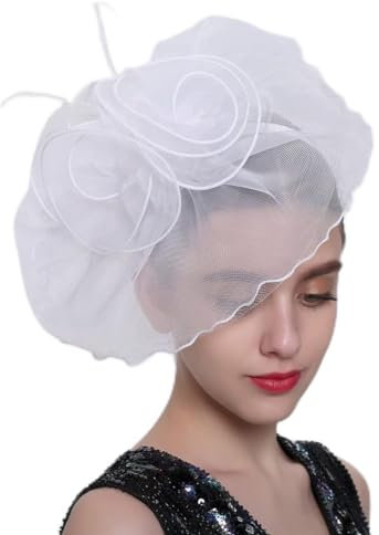 QUNINE Fascinators für Damen, Hochzeit, Kirche, Netzstoff, Hut, Zubehör, Cocktailparty, Hut, Federhut, Kopfbedeckung (weiß, Einheitsgröße)