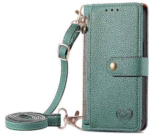 VQWQ Flip Case Compatible with iPhone 13 Pro 6.1 - Adjustable Crossbody Lanyard Zipper Cash Pocket Wallet Leather Case Card Holder Stand Metal Close Cover for iPhone 13 Pro 6.1 [AX] -Green