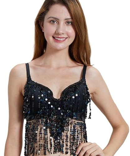HEARTTOUCH Damen Bauchtanz Kostüm Pailletten Träger BH Oberteil Glitzer Crop Tops Bauchfrei Tanz Party Shirt Rave Top Musik Festival Oberteil Tanzbekleidung (Schwarz,M)