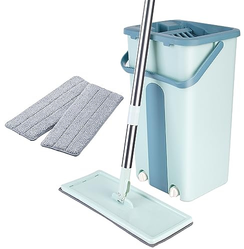 Seau et Balai Serpillère,Serpillières Plates pour la Maison,Ensemble de Vadrouille et de Seau Comprend1 Tige de Vadrouille,1 Seau,2 Têtes en Microfibre Réutilisables