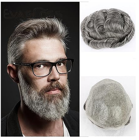 Männer Toupet Europäisches Echthaarsystem Herrenhaarteil Dünne Haut PU mit grauem Haar Männer Toupet Männliche Kapillarprothese Natürliche Wellenhaarersatzeinheiten Perücken Toupet Haar(6 INCHES-1B65#
