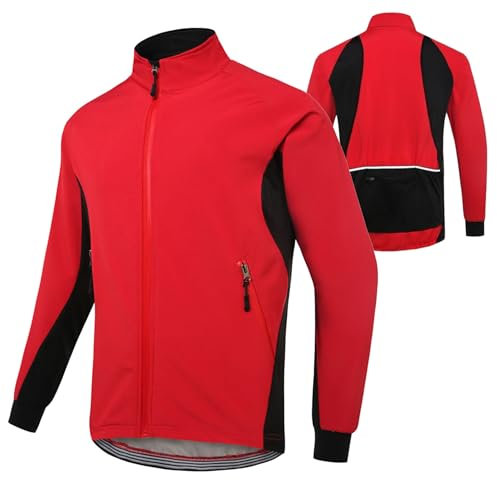 CLMETHE Herren-Radtrikot mit durchgehendem Reißverschluss, Winter-Fleece-Fahrradjacke, Softshell, winddicht, Fahrradmantel, Outdoor-Sport, Laufbekleidung,Red-L