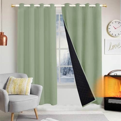 Heavyoff Thermal Insulated Blackout Curtains, Cold and Full Light Blocking Drapes with Black Liner Grommet Room Divider Curtain Drapes for French Door, Living Room, Sage Green, 2 Panels, W52 x L96