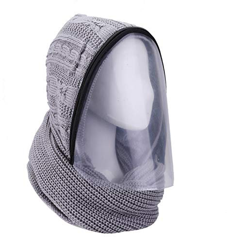 ZEPFJHE Winter-Strick-Kapuzenschal mit abnehmbarer, transparenter Ohrenklappe, grau, M
