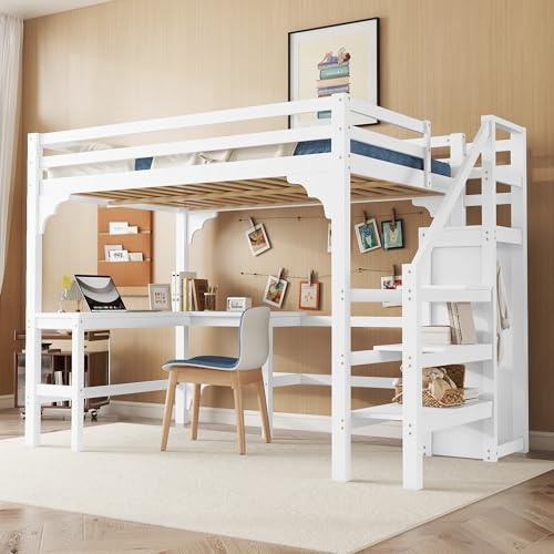 Generisch 140x200 cm, Bett Hochbett Doppelbett mit Treppe & Stauraum Kleiderschrank, Familienbett mit Tisch & Rausfallschutz, Funktionsbett, Weiß (Ohne Matratze)