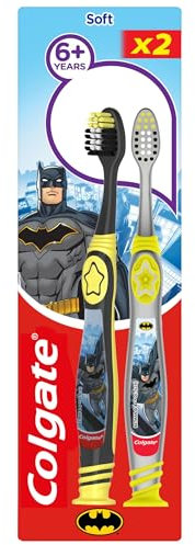 Colgate Batman Wonderwoman 2pk Kids Toothbrush 6+ Years - Soft high-Density bristles Gently Clean and Massage Gums - bristles fit The Shape of Small Teeth - Comfortable Rubber Handle