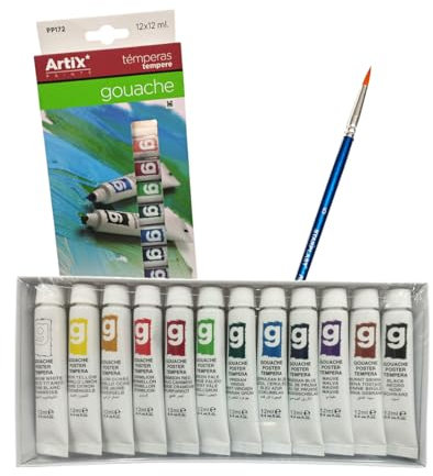 JYC CREATIVE 12 Gouache-Farben + 1 Pinsel, Packung mit 12 Farben, Gouache-Farbe für Papier, Leinwand, Brett, Pappe und Holz, Temperafarben, Geschenk, Bastelarbeiten, Wasserfarben (Gouache)