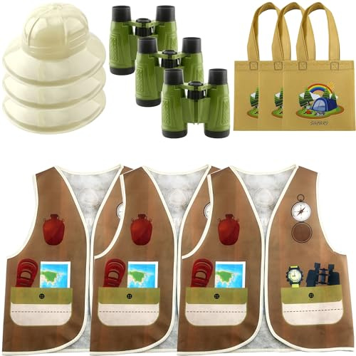 Flotory 12 Pcs Kids Explorer Costume Set Include 3 Adventure Hats 3 Plastic Binocular 3 Vest 3 Safari Tote Bag for Halloween Boys Girls Cosplay Jungle Party Favors Supplies