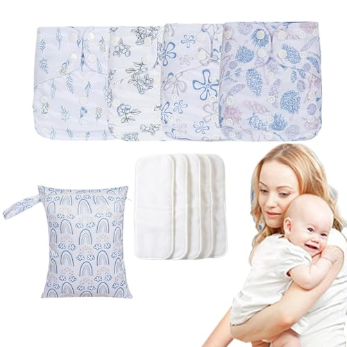 Waschbare Windeln für Babys, verstellbare Babywindeln, wiederverwendbar, 4 x saugfähige Einlagen mit 4 Einsätzen und 1 Nassbeutel, wasserdichter Bezug für Kleinkinder, , Mädchen