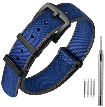 ANNEFIT Militära Nylonband för Herr Dam, Ersättningsarmband för Klockor 18mm 20mm 22mm med Spänne Svart Silver, 22mm, Nylon, Ingen sten