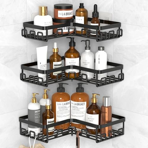Kegii 3 Pièces Etagere Angle Salle de Bain - Etagere Douche Sans Percage Inox Rangement Douche Angle Noir Porte Gel Douche Salle de Bain