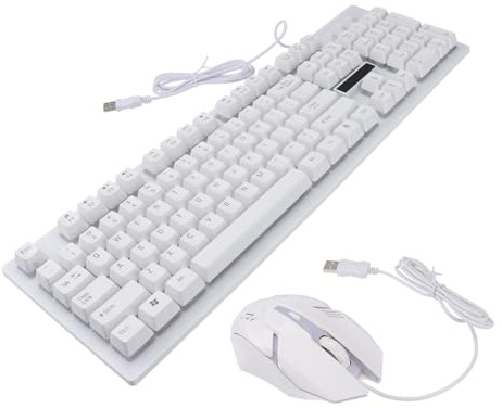 Juego de Teclado y Ratón Mecánicos Cable USB 104 Teclas | Blanco, Plástico, 1 Set 4 Teclas, Diseño sin Conflicto y Acabado Luminoso para Hogar y Oficina
