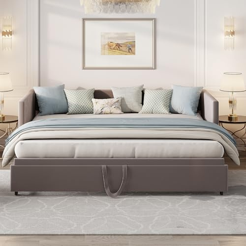 QMTXBYJ Polsterbett Ausziehbares Schlafsofa 90/180x200cm mit Lattenrosten,Tagesbett Ausziehbar mit Matratze,Samt Schlafsofa für Erwachsene 2 Personen,Tagesbett Ausziehbar Schlafsofa