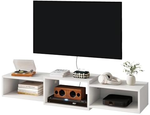 IBUYKE Flotante Mueble de TV Montado en La Pared, Mesa Televisión Multimedia de Madera para, Mueble Flotante para TV Debajo del Televisor para Salón, Dormitorio u Oficina, Blanco WST013W