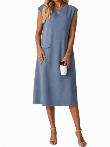 QIXING Womens Sleeveless Summer Knee Length Dress Round Neck Wrinkle-Free Midi Dress with Pocket (Denim Blue, S)