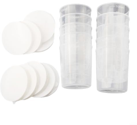 Vasos medidores de medicamentos con tapas blancas, recipiente transparente para cocina, laboratorio, almacenamiento de medicamentos, muestras líquidas, paquete de 10
