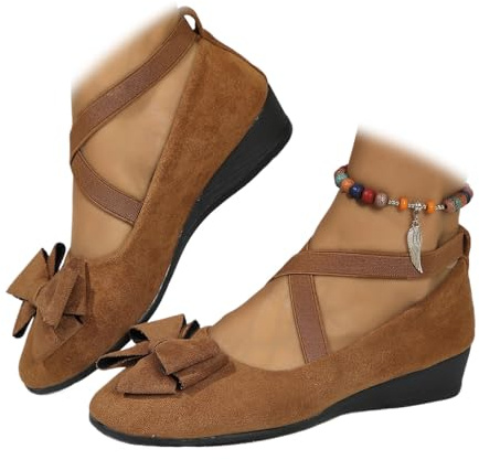 Cómodas zapatillas de mujer elásticas con tiras cruzadas, tacón de cuña, bailarina, tobillo, elásticos, correas cruzadas, punta redonda, zapatos cómodos