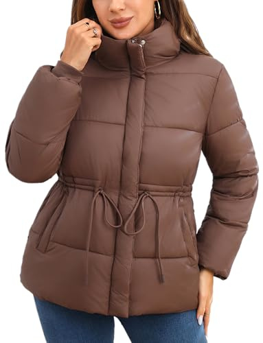 Maeau Women Quilted Jacket Winter Coat Zip Up Warm Jacket Hooded Padded Outerwear Waisted Drawstring L Brown