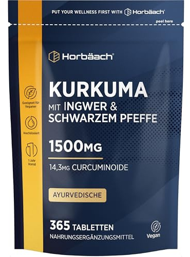 Curcuma Gingembre Poivre Noir 1500mg | 365 Comprimés Végans | Complexe de Curcuma avec Pipérine | Horbaach