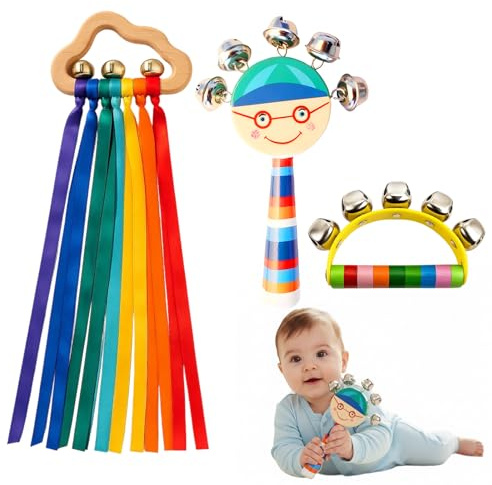 3 Baby Tambourine Toys Set, Mini Tambourine with Ribbons, Wooden Handbell for Sensory Play, Musical Instruments for Toddlers 6 Months to 3 Years, Educational Toys for Montessori and Early Learning
