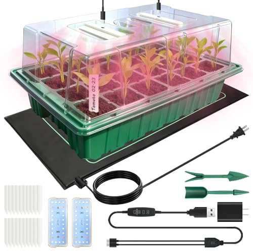 Seed Starter Tray with Grow Light and Heat Mat, Seed Starter Kit with Humidity Dome and Timing Controller, Adjustable Vent and Brightness, Ideal Germination Tray for Seed Starting and Seedling Growing