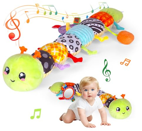 SRICH Baby Musical Plush Caterpillar Toy - 0-12 Months Tummy Time & Head Lifting Soft Sensory Toy, Rattle, Rustling Sounds & Mirror for Boys & Girls