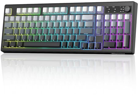 FREEWOLF K100 Clavier Gamer sans Fil à Membrane RGB avec Pavé Numérique, Connexion Bluetooth/2.4G sans Fil/USB-C Filaire, Touches Gravées sur Les Côtés PBT Dégradé, 4000mAh, Knob Multimédia - Noir