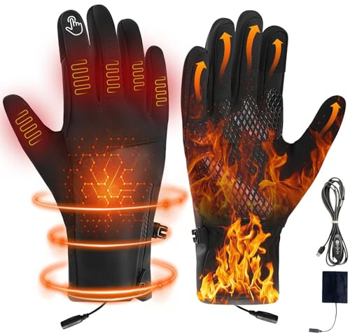Gants Chauffants pour Homme Femme, Rechargeable Gants Chauffants USB avec Écran Tactile, Imperméables et Antidérapants, 3 Températures Réglables, Gants Hiver pour Velo/Moto/Ski/Travail (A-3 Modes)