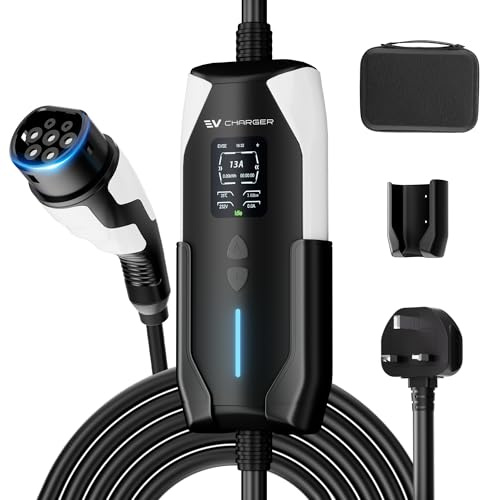 MoraRise EV Charger Cable Type 2 to 3 Pin Plug 6/8/10/13A, Electric Car Charger, 12 Hours Delay, IP65 Waterproof, Home EV Charger with Cable Holder & Portable Bag (6m) (black & white)