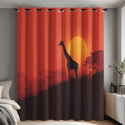 Genérico Cortinas Salon Jirafa Africana, Cortinas Dormitorio Animal Salvaje Atardecer Decoracion Habitacion Ventana, Termicas Aislantes, con Anillas, 75x166 2 Piezas (An X Al) Q-D