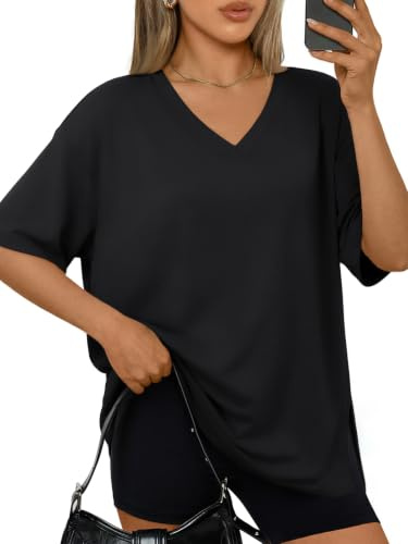 LILLUSORY Oversized T Shirts for Women UK Plus Size Gym Tops V Neck Short Sleeve Tshirts
