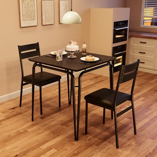 GarveeMore Esstisch Für 2 Personen, Quadratisches 3-Teiliges Küchen-Set Mit Polsterstühlen, Platzsparender Holztisch Für Kleine Räume, Wohnung, Apartment, Schwarz