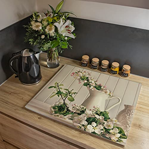 banjado Herdabdeckplatte Glas einteilig 60x52cm - Schneidebrett Herdabdeckung - Herdabdeckplatten Ceranfeld - Schneidebrett Glas - Motiv Stillleben Kirschblüten
